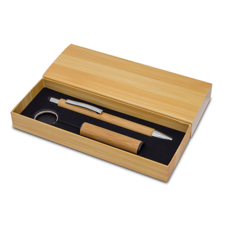 R02319 - Pelak bamboo pen and torch keychain in a gift box, beige 