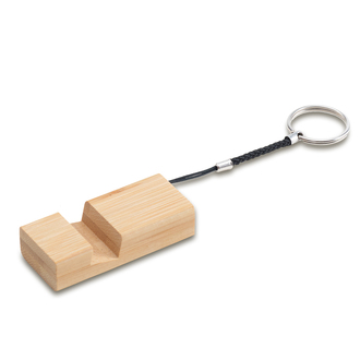 R22828 - Bamboo keyring with phone stand. Place the phone in a horizontal position., beige 